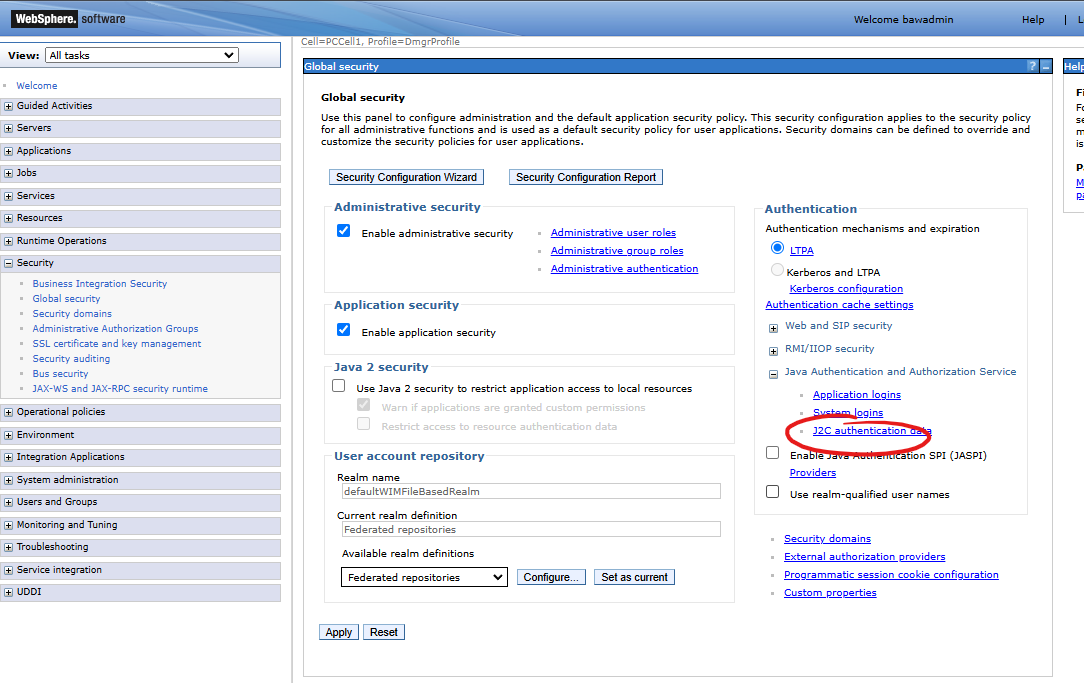 J2C authentication data